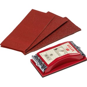 Handschleif-Set, 21-teilig mit Schleifblock und Schleifpapier in verschiedenen Körnungen.