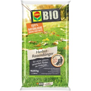 Packung Compo BIO Herbst-Rasendünger 10,05 kg für einen gesunden Rasen im Frühjahr.