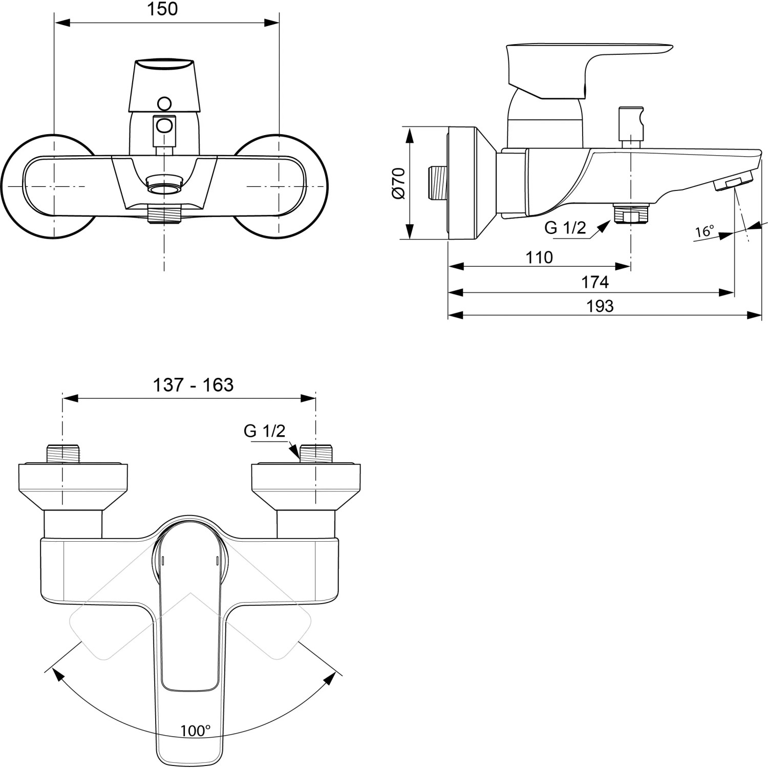Technische Zeichnung: Ideal Standard Connect Air Wannenarmatur Aufputz, Silver Storm, Maße und Anschlüsse.