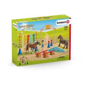 Schleich Farm World Pony Agility Training Spielset mit Hindernissen und Figuren, detailreich und pädagogisch wertvoll.