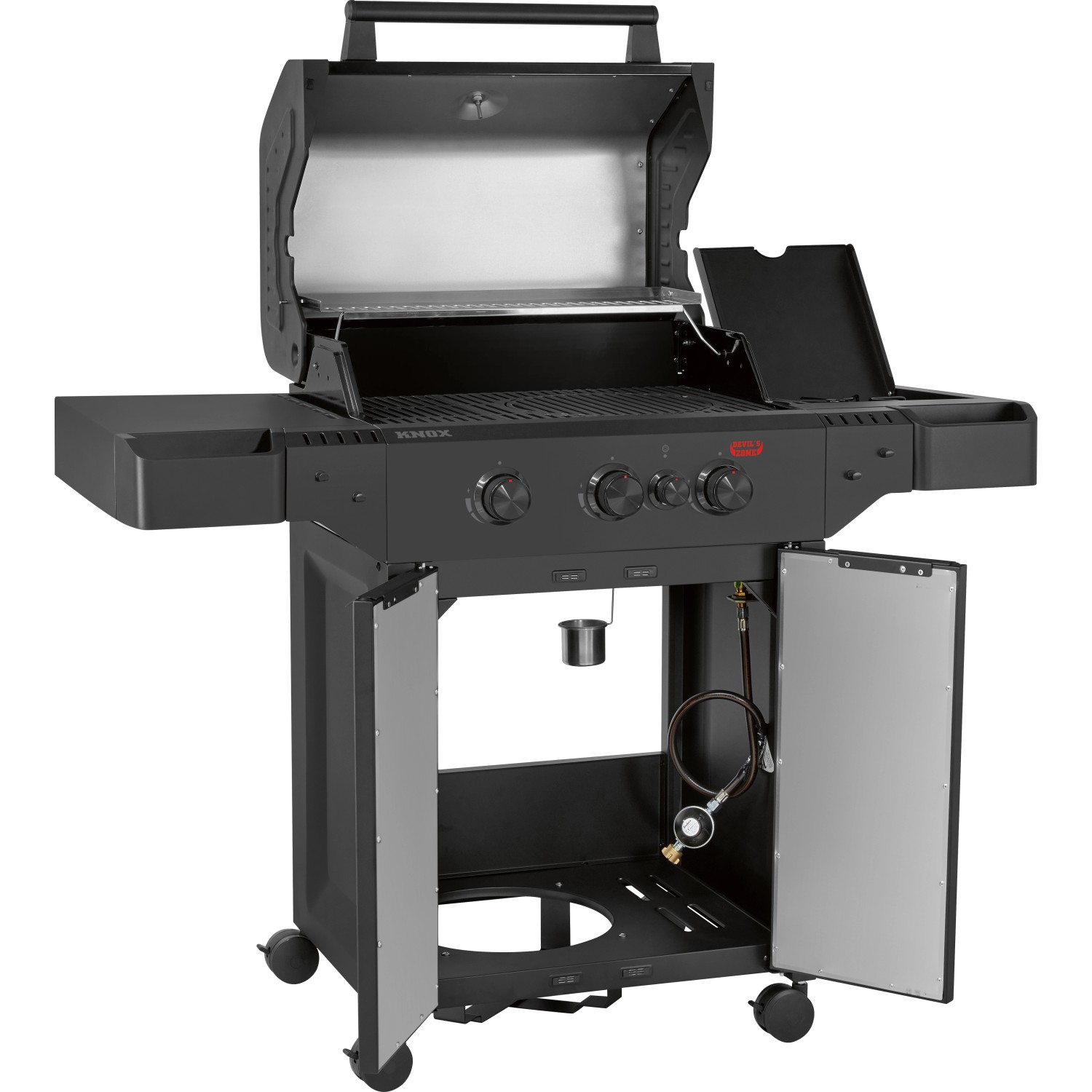 Jamestown Knox II Gasgrill mit 3 Brennern, Seitenbrenner, schwarzer Grillwagen mit offenem Deckel und Stauraum.