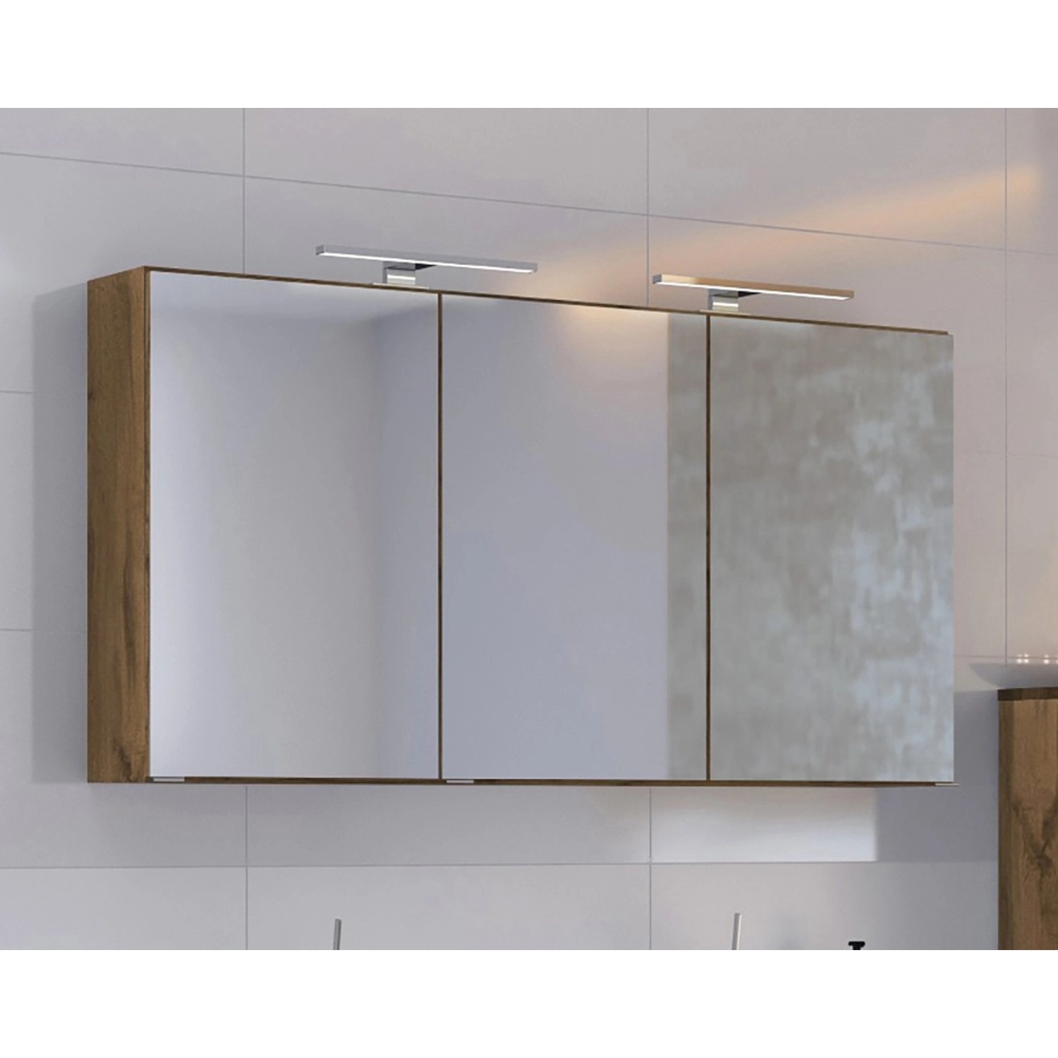 Held Möbel 3D-Spiegelschrank Bari 120 cm in Wotaneiche mit LED-Leuchten.