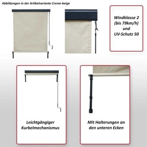 MCW Vertikalmarkise F42, 250x180cm, Schwarz: Detailansichten der Markise mit Kurbel und Halterungen.