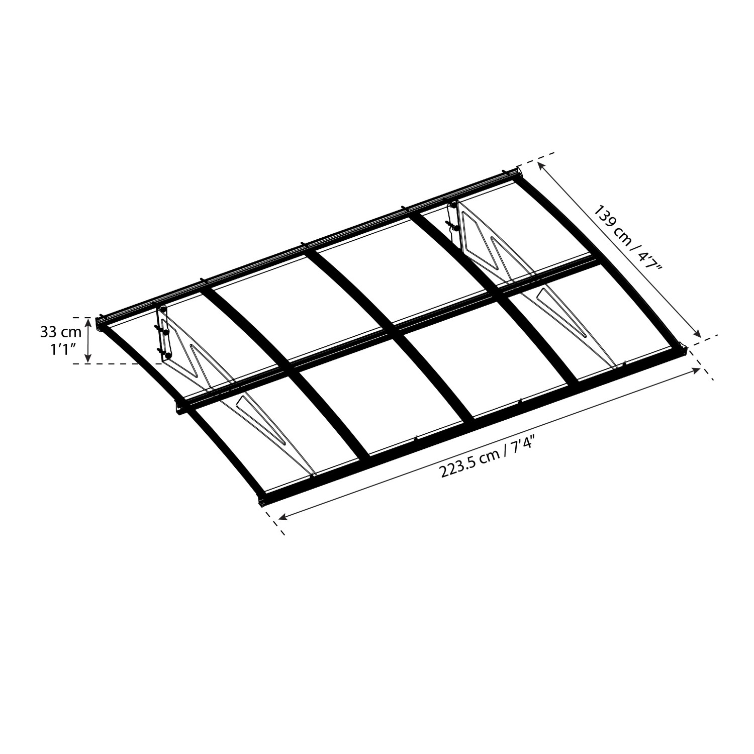 Technische Zeichnung: Palram Canopia Vordach Amsterdam, graue Haustürüberdachung, Maße 1.4 x 2.2 m.