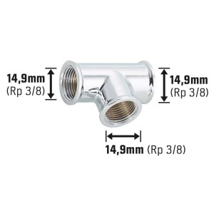 Verchromtes Messing Gewinde-T-Stück 14,9 mm (Rp 3/8) für Heizung und Trinkwasser.