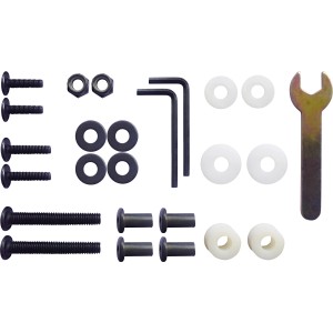 Montage-Set für Tee-Servierwagen Montgomery: Schrauben, Muttern, Unterlegscheiben, Imbusschlüssel und Maulschlüssel.