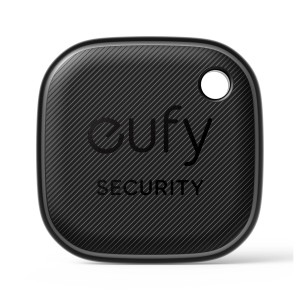 Eufy SmartTrack Link Schlüsselfinder, schwarzes Design mit Loch zur Befestigung.