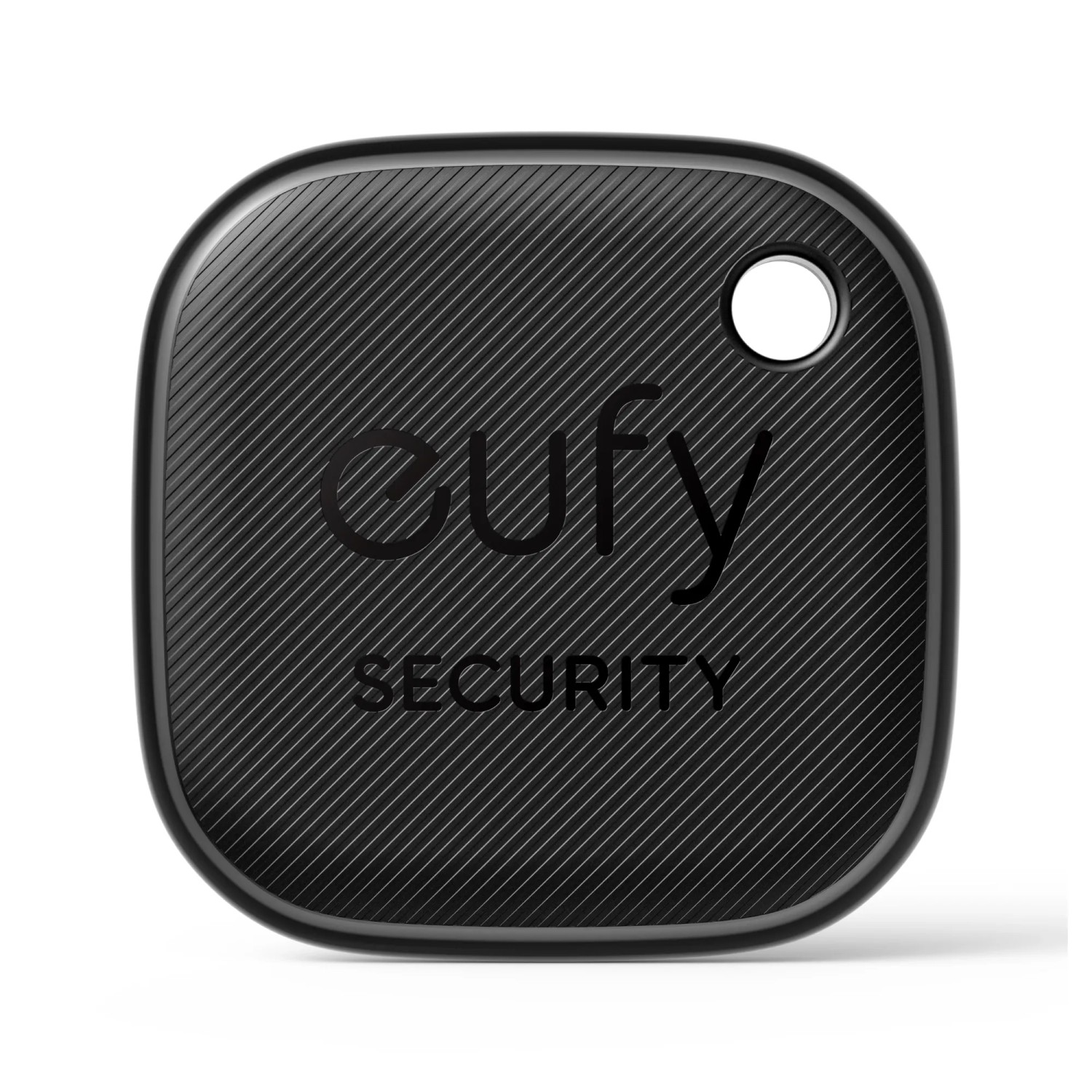 Eufy SmartTrack Link Schlüsselfinder, schwarzes Design mit Loch zur Befestigung.
