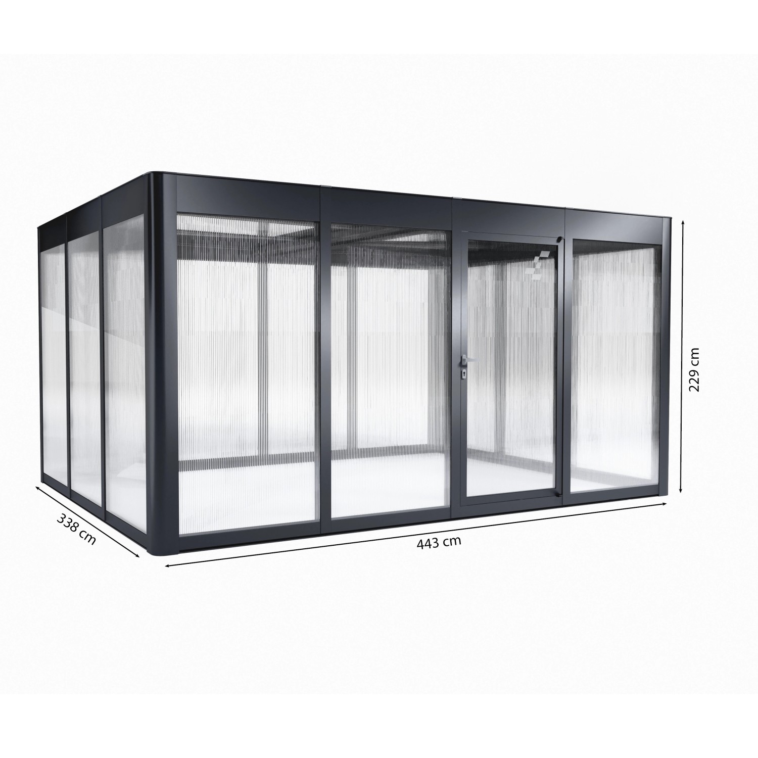 SunElements Gartenhaus SunGarden Select 4.3, anthrazit-metallic, 15 m², mit Maßen.