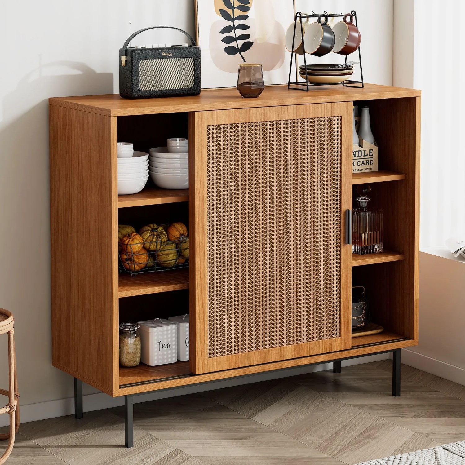 okwish Sideboard mit 2 Schiebetüren Ablage Wohnzimmer 100x90x37cm Braun_2