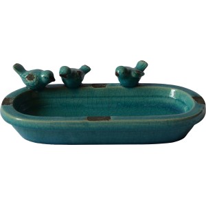 Vogeltränke Oval mit 3 Vogelfiguren 7,5 cm x 29 cm x 16,5 cm Türkis