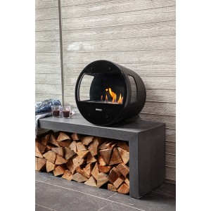 Aduro Bioethanol-Ofen B1 aus Stahl, runder Deko-Kamin mit Flamme und Holzscheiten.
