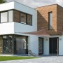 Khaki Sonnensegel Neptun Beach, dreieckig, 360 cm, montiert an einem modernen Haus.