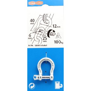 Conacord geschweifter Stahlschäkel, Ø 6 mm, 40 mm lang, 100 kg Tragkraft, auf blauer Verpackung.