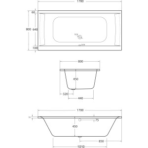 Technische Zeichnung der weißen Ottofond Badewanne Rosa, 170x75 cm, mit Maßangaben.