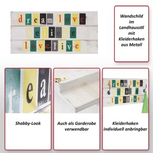 MCW Wandschild im Shabby-Look mit Schriftzug und 3 Haken, 30x60cm.