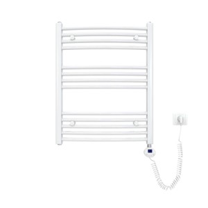 Weißer, gebogener elektrischer Badheizkörper mit Thermostat. Handtuchtrockner 75x60cm, 300W, für Wandmontage.
