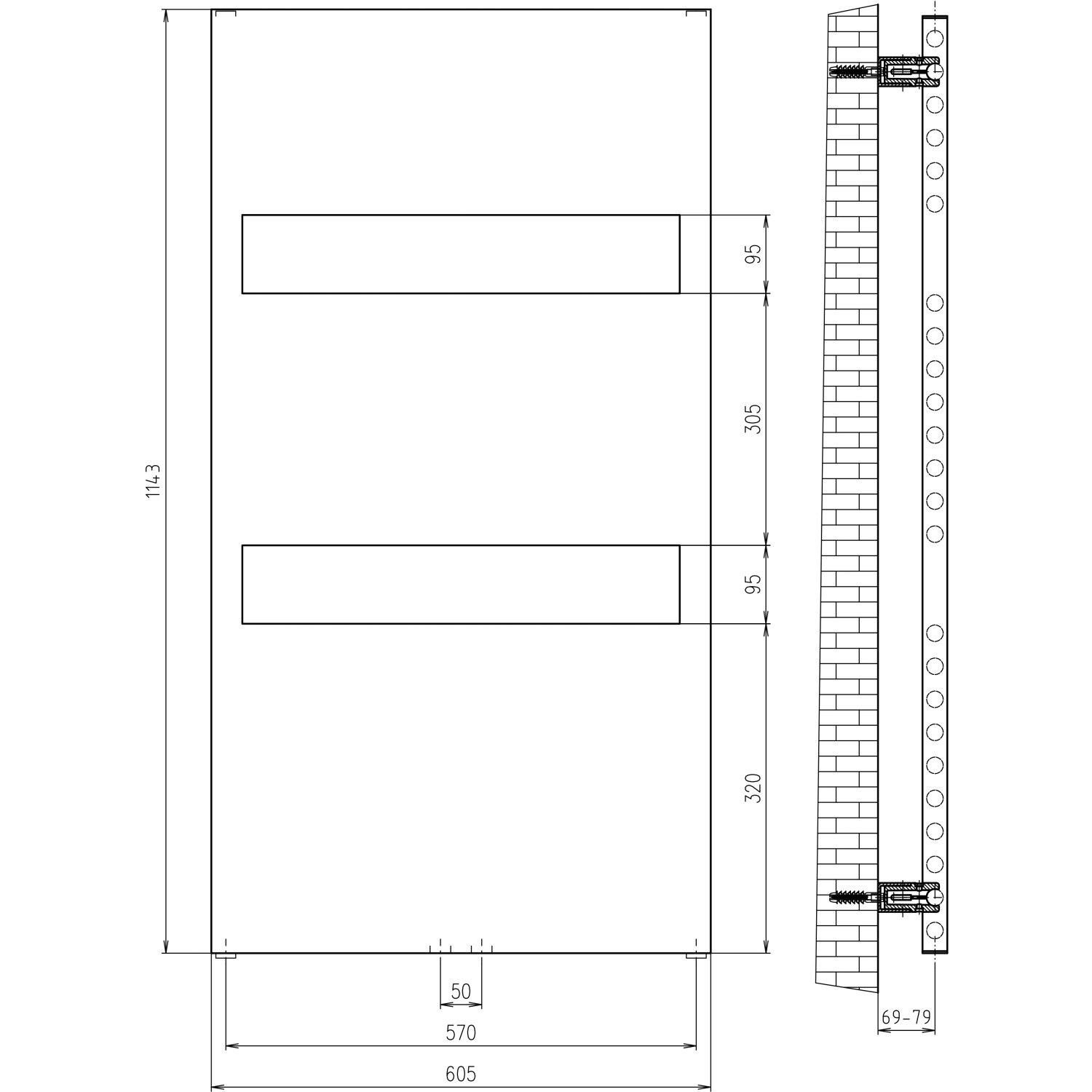 Technische Zeichnung: Schulte Design-Heizkörper Turin, Maße 114,3 x 60,5 cm, Anschluss unten.