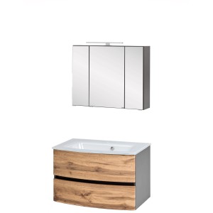 Held Möbel Waschtisch-Set Salerno, 80 cm, Wotaneiche/Graphitgrau mit Glasbecken und Spiegelschrank.