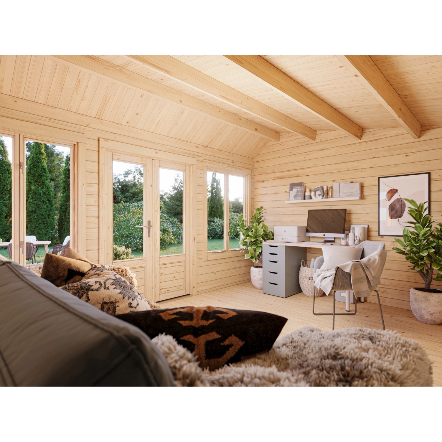 Innenansicht: Palmako Gartenhaus Claudia Pent, 400x300 cm, hellbraun, mit Fenster und Büroeinrichtung.