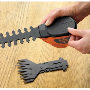 Black+Decker Akku-Gras- und Strauchschere GLS700 mit Strauchmesser und Grasmesser.
