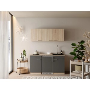 Respekta Ingrid Singleküche 150 cm grau mit Holznachbildung-Arbeitsplatte, Glaskeramikkochfeld, Spüle, Kühlschrank. Kompakt & modern.