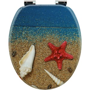 Sanfino WC-Sitz Red Star: Toilettendeckel mit Absenkautomatik, Holz, maritimes Design mit Seestern und Muscheln.