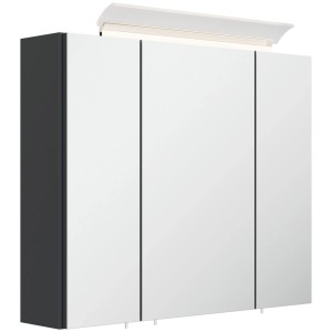 Grafitfarbener Posseik Spiegelschrank 75 cm mit 3 Spiegeltüren und integrierter LED-Lampe für das Badezimmer.