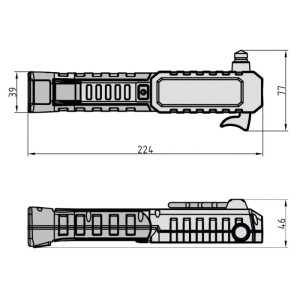 Abmessungen Basi Notfallwerkzeug KFZ: Länge 224mm, Breite 77mm. Detailansicht von LED-Leuchte, Fensterhammer, Gurtschneider für Auto.