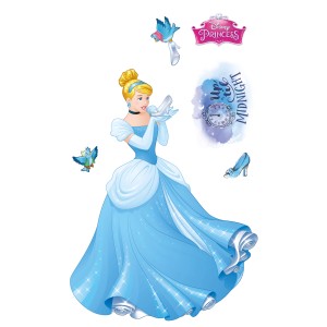 Selbstklebende Fototapete: Cinderella mit Glas-Schuh, Vögeln und Uhr. Ideal für Kinderzimmer.