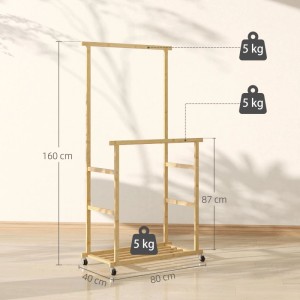 HOMCOM Garderobenständer aus Bambus mit zwei Kleiderstangen, Schuhregal und Rollen. Naturholz, 160 cm hoch.