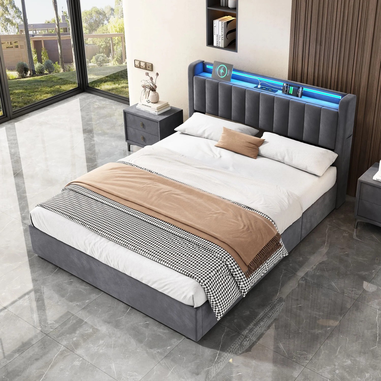 okwish Polsterbett mit Bettkasten LED-Licht Jugendzimmer 160x200cm Grau_2