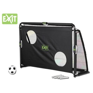 Schwarzes EXIT Maestro Fußballtor 180x120cm mit Trainingswand und Fußball. Ideal für Garten und Spiel.