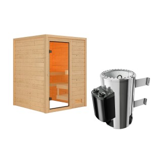 Karibu Sauna "Rabea Fronteinstieg" Naturbelassen mit Ofen 3,6 kW Integriert