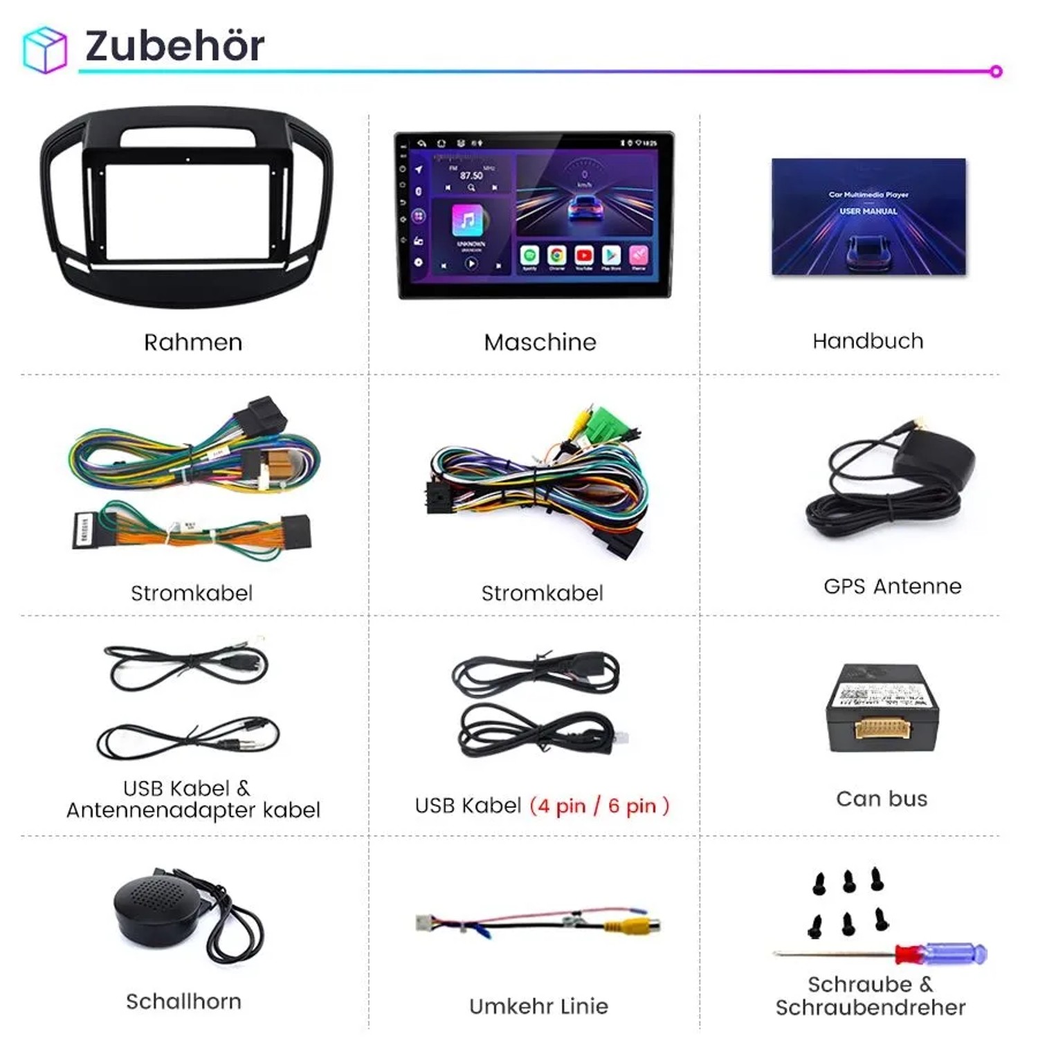 Junsun 9 Zoll Autoradio Zubehörset für Opel Insignia. Enthält Radio, Rahmen, Kabel, GPS Antenne, Can Bus, Werkzeug.