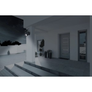 Näve LED Solar-Wandleuchte Moho mit Bewegungsmelder und Kamera-Attrappe an Hauswand.