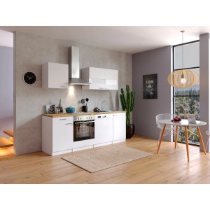 Respekta Küchenzeile KB220WW, 220 cm, Weiß, mit E-Geräten und Spüle. Moderne Einbauküche für kleine Räume.