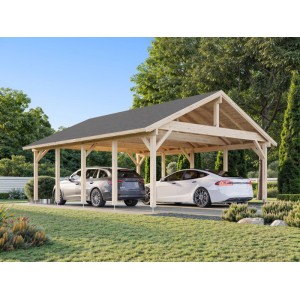Palmako Carport Robert, hellbraun, 555x732 cm, mit zwei geparkten Autos. Holzkonstruktion mit Dach.