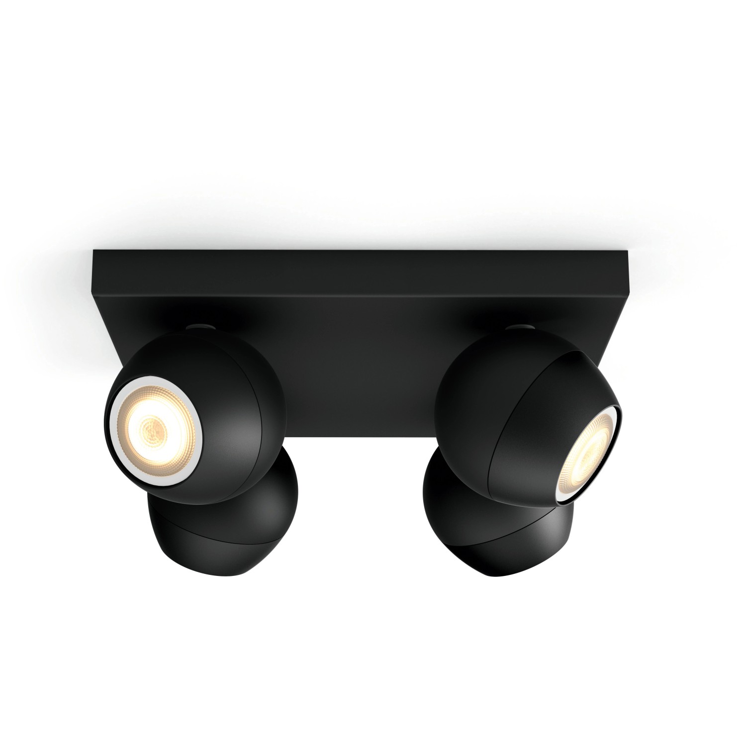 Schwarzer Philips Hue LED-Spot mit 4 Leuchten und Dimmer für warmweißes bis kaltweißes Licht.