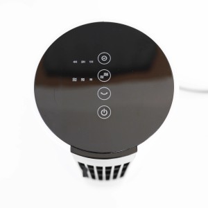 Detailaufnahme der Touch-Bedienung des Vasner MilliFan Turmventilators in Schwarz-Weiß.