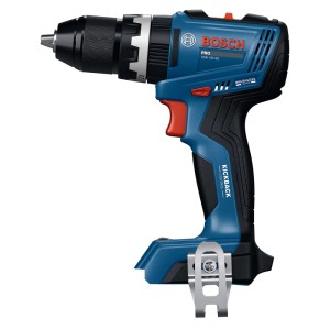 Blauer Bosch Akku-Schlagbohrschrauber GSB 18V-65 mit KickBack Control und Gürtelclip. Kompaktes Design für Bohr- und Schraubarbeiten.
