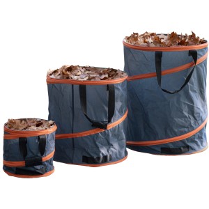 3er Set Pop Up Gartenabfallsäcke in verschiedenen Größen, gefüllt mit Laub.