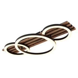 Moderne LED-Deckenleuchte Tisha, schwarz matt, mit drei Ringen und Holzoptik, 30x95 cm.