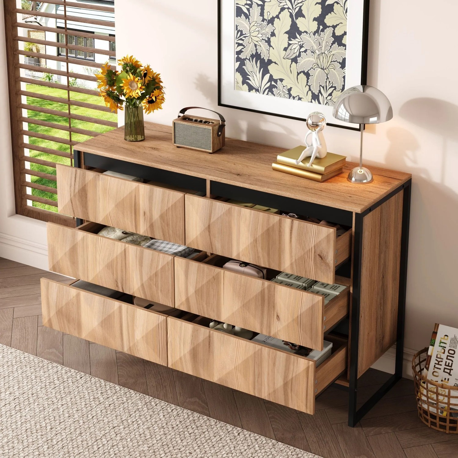 okwish Sideboard mit Metallbeinen Erhöhten Türen Wohnzimmer 120x40x80cm Schwarz Natur_2