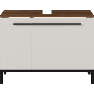 Germania Waschbeckenunterschrank in Kaschmir und Nussbaum-Optik. 2 Türen, schwarze Metallgriffe, Siphonausschnitt, Metallfüße.