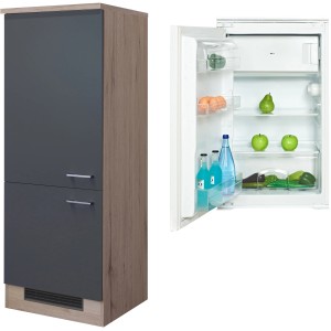 Flex-Well Kühlschrank-Einbauschrank Morena mit geöffnetem Kühlschrank, Front basaltgrau, Korpus San Remo Eiche.