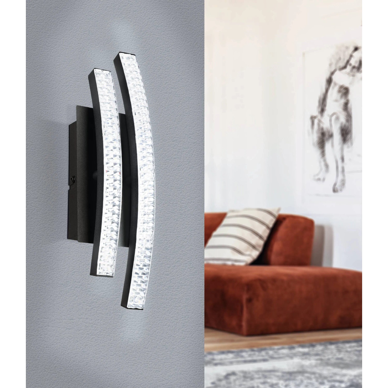 Moderne LED-Wandleuchte Lejias von Eglo, 28,5 cm, schwarz-transparent, für Wohnraum.
