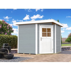 Graues Holz-Gartenhaus Angolo B mit Flachdach und weißer Tür, 239x235 cm.