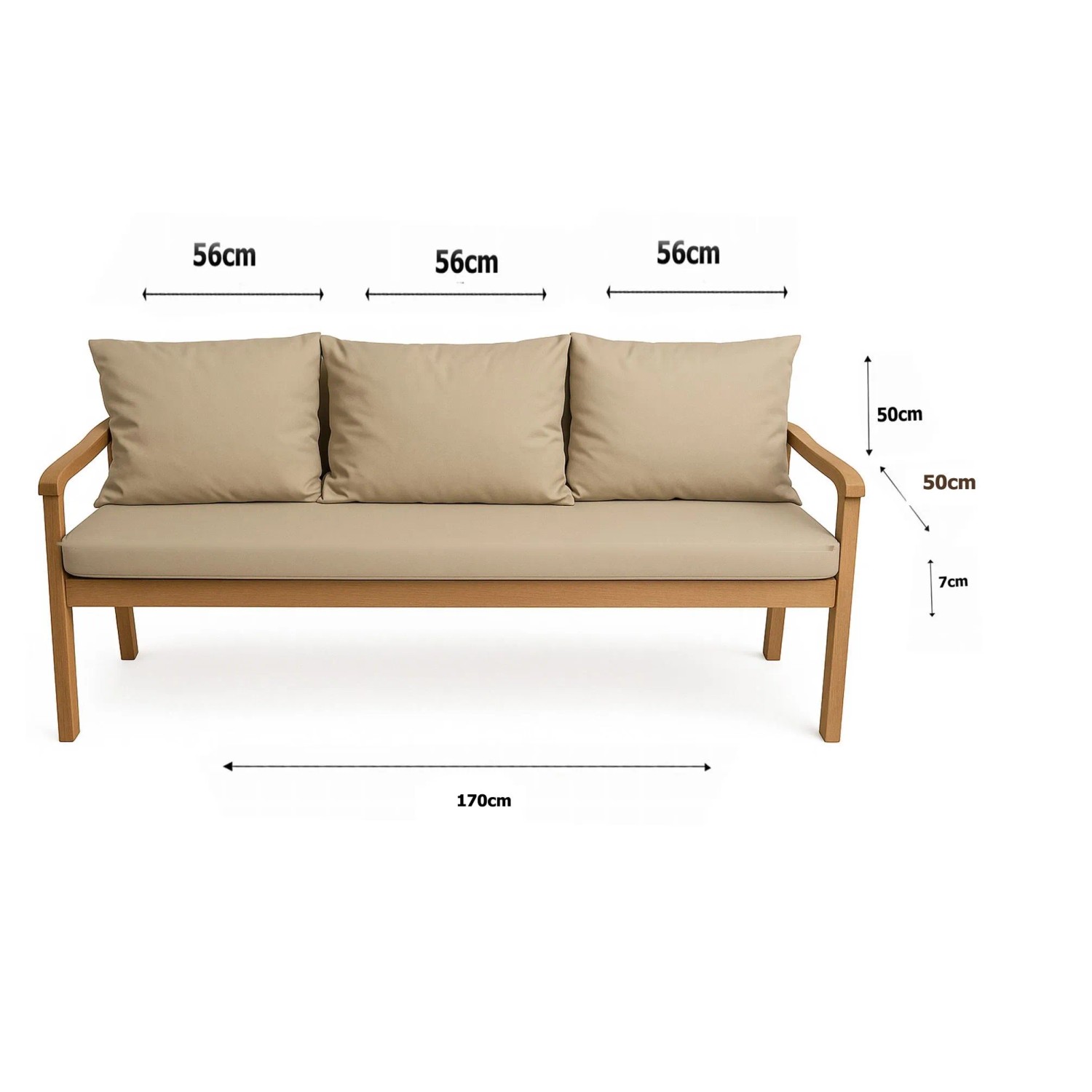 Beiges Bankkissen-Set für 3-Sitzer Gartenbank, 170x50 cm + 4 Rückenkissen. Bequeme Gartenstuhlauflage.