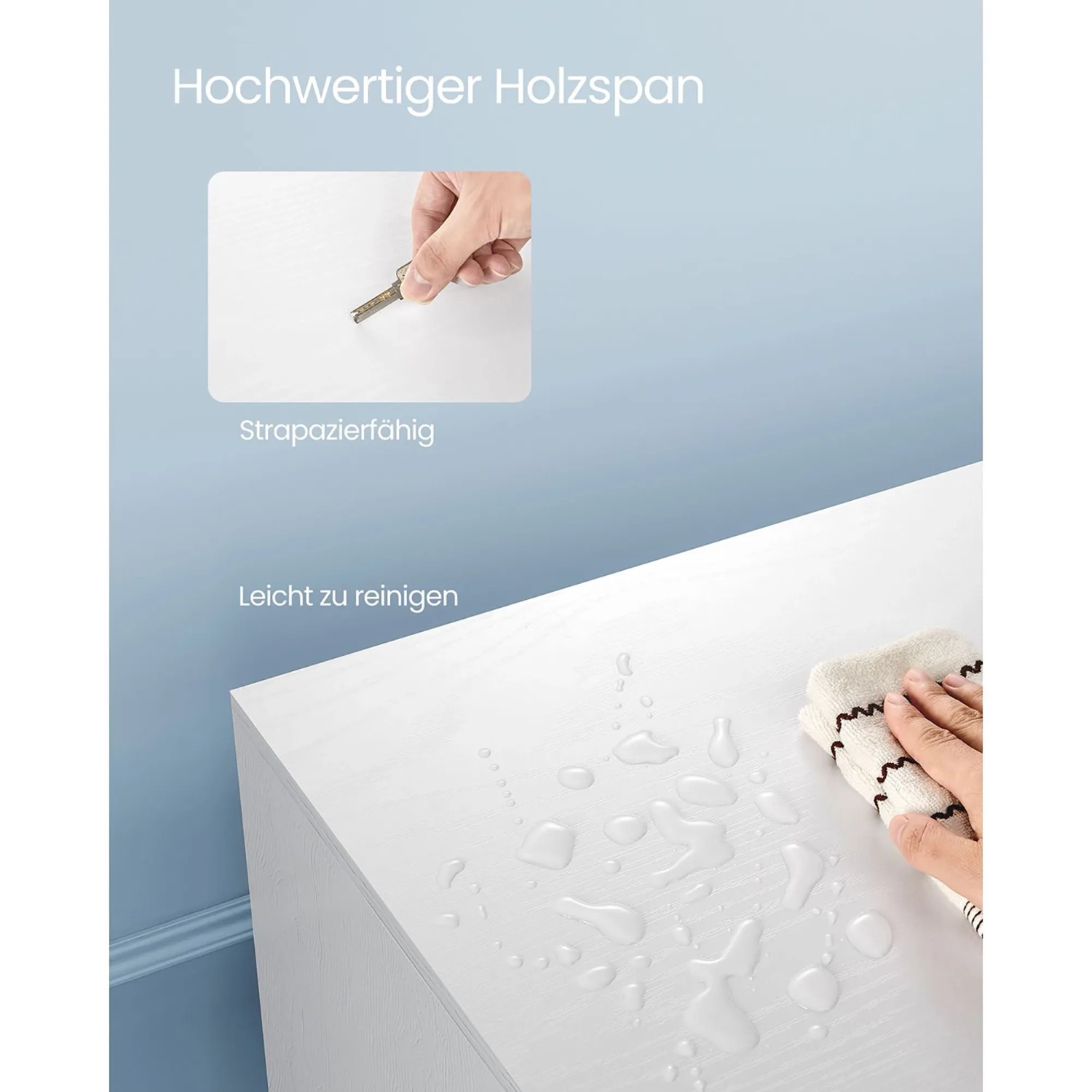 Detailaufnahme: Weißer Vasagle TV-Schrank, robust, leicht zu reinigen.